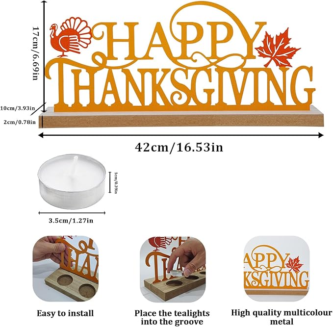 Happy Thanksgiving Metal Sign Rustic Table Decorations with Wooden Base, Tiered Tray Decor with 18pcs Tealights, Table Centerpieces Metal Word Sign for Fall Party Home Indoor Office Tabletop Mantel