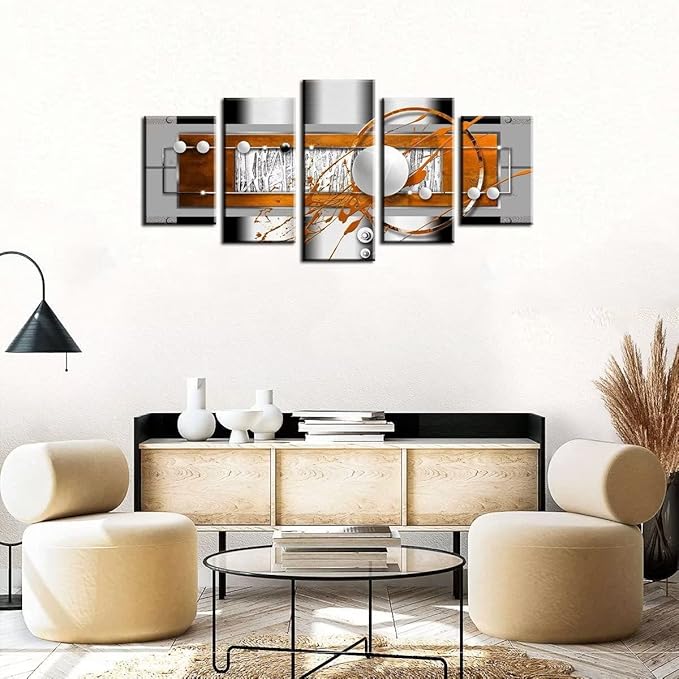 AWLXPHY Decor Abstract Wall Art Canvas Yellow and White 5 Panels for Living Room Decor Modern Framed Geometric Painting Simple Round Circle Line HD Print Artworks Giclee(W60'' x H30'')