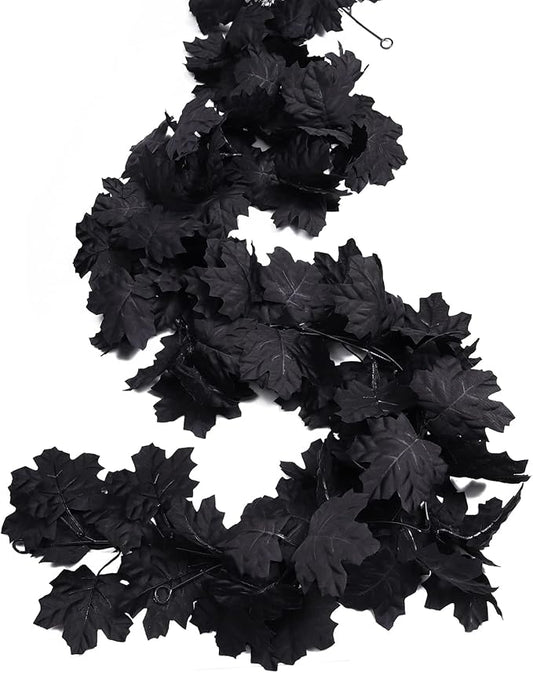 RECUTMS Fall Maple Leaf Garland Hanging Black Fall Leaves Vine Artificial Autumn Garland Halloween Thanksgiving Decor for Home (Black)