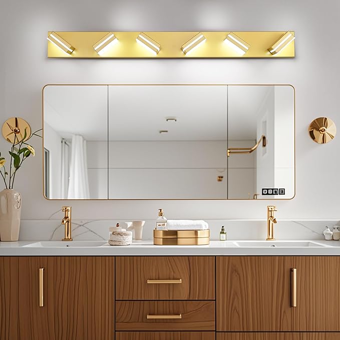 Modern LED Bathroom Lights Fixtures(6-Light),Metal Gold Acrylic Wall Lighting,Vanity Lights for Bathroom Over Mirror(6000k 41In