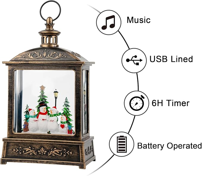Christmas Snow Globe Swirling Glittering Snowman Choir with Music & Timer, USB Lined/Battery Operated Lighted Water Lantern for Christmas Festival Decoration Gifts