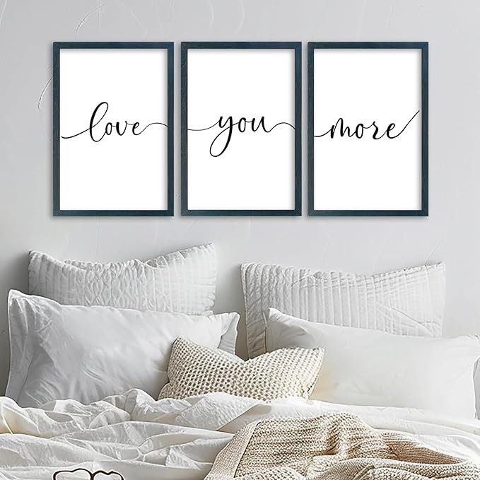 SRSZHIYUE Bedroom Wall Decor Love You More Sign 16"×11" Set of 3 Framed Wood Above Over Bed Signs Wall Art for Master Bedroom Hanging Decoration (Black)