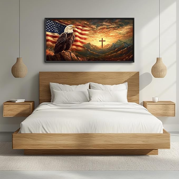 Framed Large Wall Art for Living Room, Bald Eagle American Flag Canvas Wall Decor, Large Christian Cross Picture Framed Painting, Modern Artwork for Bedroom Office 60L'' × 30W''