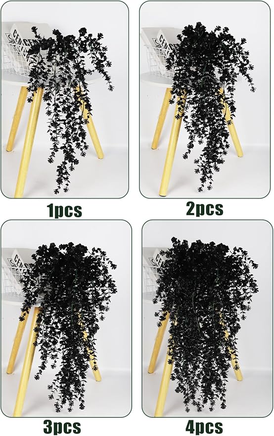SJL Black Artificial Hanging Flower Faux Hanging Plants UV Resistant Indoor Plastic Leavse Flower Hang Ferns Artificial Plants Eucalyptus Faux Ivy Flowers Decor for Autumn Outdoor Room (Black)