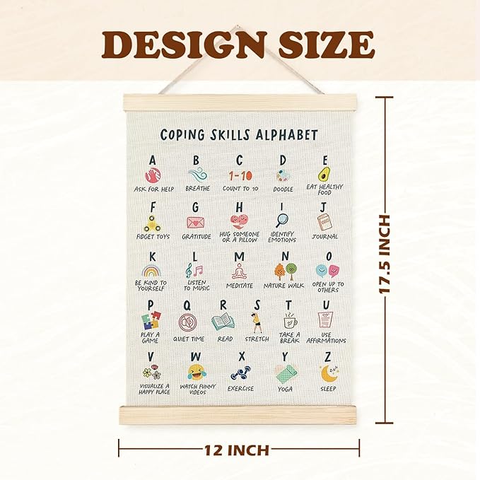 Supwhd Coping Skills Alphabet Poster for Kids, Mental Health Wall Decor for Classroom Nursery Kids Room Playroom School Counselor Office, Mental Health Poster Hanger Frame, 12x16