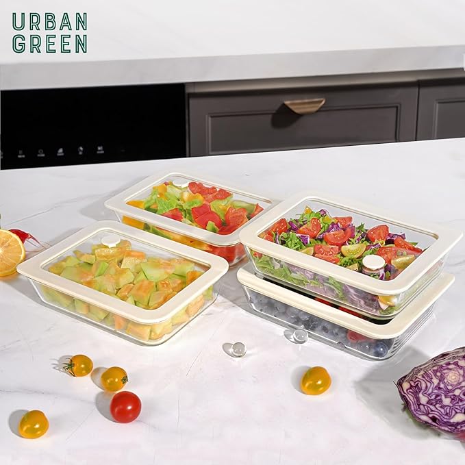 Urban Green Glass Food Container Set with Glass Lid, 4 Pack, Food Storage Containers Set, Airtight, LeakProof, 100% Plastic Free, Meal Prep Containers (White Color)