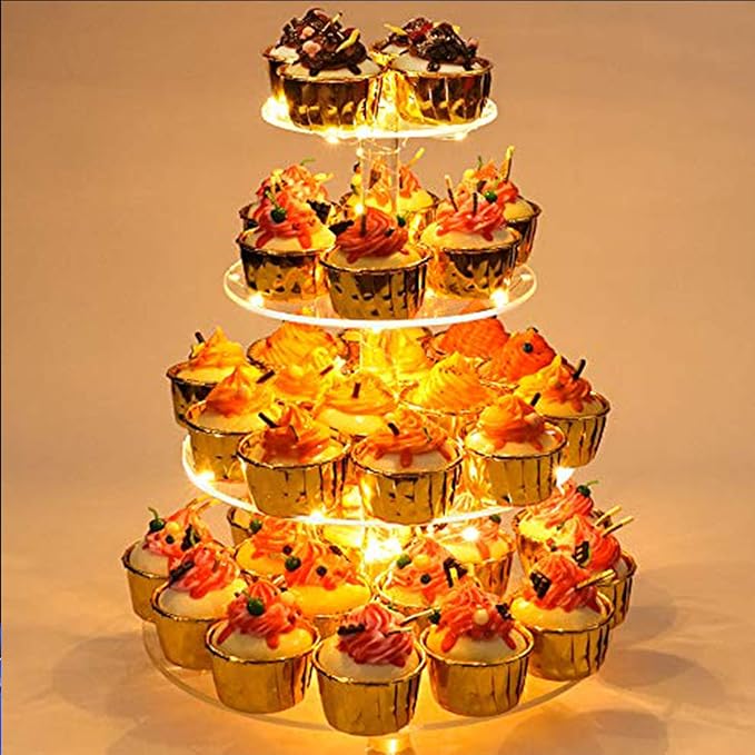 YestBuy 4 Tier Round Cupcake Stand, Cupcake Holder, 4 Tier Cupcake Tray, Acrylic Cake Tower Stand Display for Pastry + LED Light String, Ideal for Weddings, Birthday Parties (Yellow)