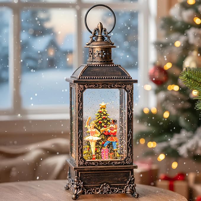 Christmas Nutcracker Snow Globe Lantern - Vintage LED Swirling Glitter Water Lamp with Clara & Soldier, Plays The Nutcracker Suite Music, 6-Hour Auto Timer - Holiday Tabletop Decor & Gift