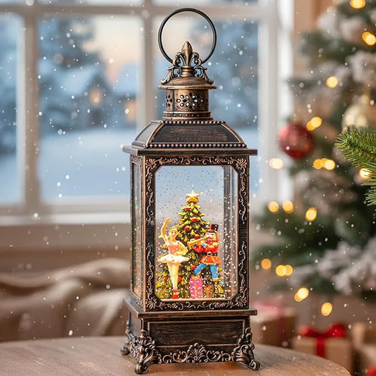 Christmas Nutcracker Snow Globe Lantern - Vintage LED Swirling Glitter Water Lamp with Clara & Soldier, Plays The Nutcracker Suite Music, 6-Hour Auto Timer - Holiday Tabletop Decor & Gift