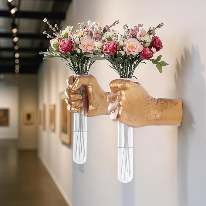 2 Pieces Wall Sculptures, Hands Vase Home Decor, Wall Mount Art Sculpture, Unique Wall Art Statue, Funky Flower Vase Decorations, Modern Eclectic Hanging Decor,Hands Statue (Gold)