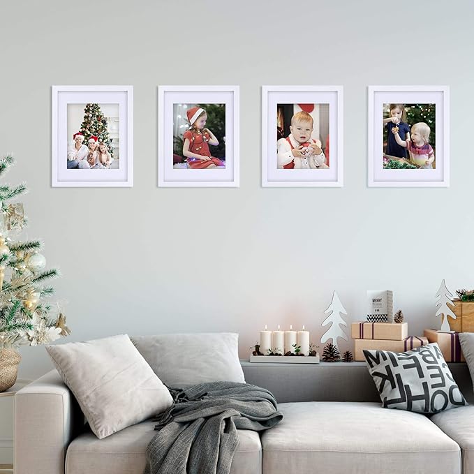 Egofine 11x14 Picture Frames Set of 4, Made of Solid Wood Covered by Plexiglass 5x7 and 8x10 with Mat or 11x14 without Mat, for Table Top Display and Wall Mounting Photo Frame White