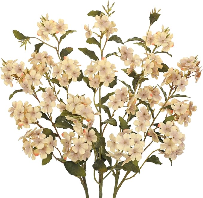 Briful Fall Artificial Hydrangea Flower Stems, 33.5" Silk Blossom Sprays with Bendable Stems, Set of 3 Faux Floral Branches for Tall Vase Arrangements, Cream White