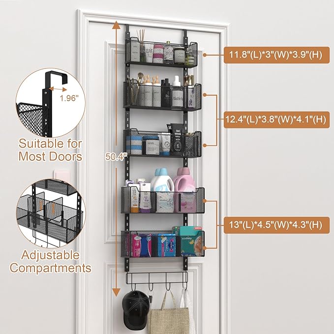 Over The Door Organizer, Metal Door Organizer Hanging with 5 Adjustable Baskets and Coat Hook, Behind The Door Storage for Bedroom Closet Bathroom Pantry Cabinet Kitchen, Black