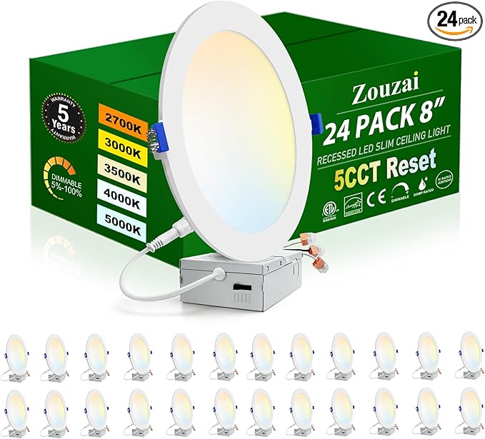 zouzai 24 Pack 8 inch 18W Eqv 150W 1620LM 5CCT Reset Ultra-Thin LED Recessed Ceiling Light with Junction Box, 2700K-5000K Selectable, Dimmable, Commercial and Home use - ETL and Energy Star Certified