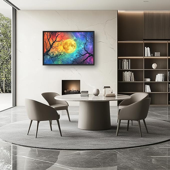 Extra Large Framed Abstract Moon Wall Art,Oversized Colorful Starry Night Tree Branch Wall Decor Pictures for Living Room,Canvas Print Painting Modern Artwork Bedroom Office Bathroom 36L x24W