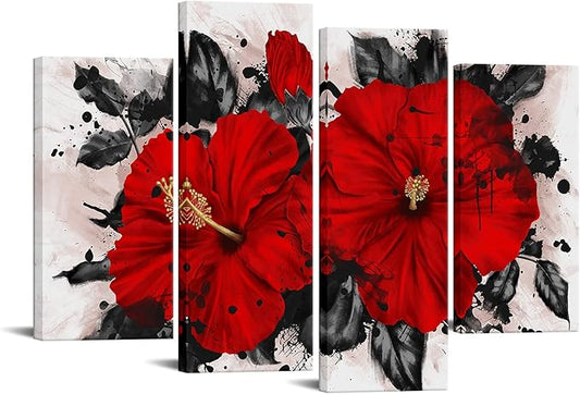 RnnJoile Hibiscus Wall Art Red Flower Canvas Wall Decor Tropical Hawaiian Painting Pictures for Bathroom Living Room Decor Framed