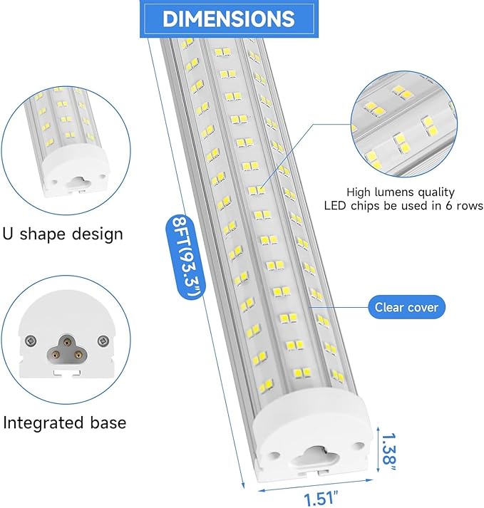 8FT U Shape 125W Integrated LED Tube Light, 6500K Clear White, 20000LM Super Bright, Flush Mount/Hanging, Linkable Shop Lights for Garage Workshop, Plug&Play, 8 Pack