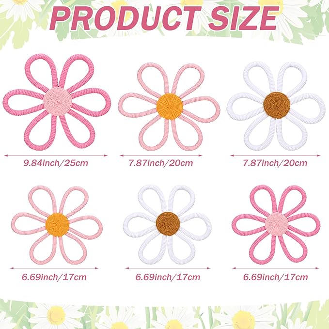 Barydat 6 Pcs Boho Nursery Decor Daisy Flower Woven Macrame Wall Hanging 3 Size Daisy Flower Wall Decor Bohemian Nursery Decorations for Home Dorm Art(Cute Color)
