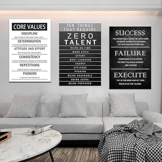 Office Inspirational Canvas Wall Art Core Values Quote Motivational Wall Decor Zero Talent Poster Picture Print 3 Panels Modern Inspiring Painting Artwork for Living Room Home Decor [72''Wx 36''H]