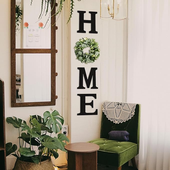 Wood Home Sign with Artificial Eucalyptus Wreath for O, Hanging Farmhouse Wall House Decor - Wood Letters for Art Rustic Home Decor, Wall Decor for Living Room Kitchen Entryway Gift (Black L)