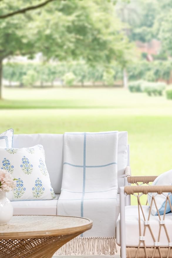 Hofdeco Premium Coastal Decorative Throw Blanket for Patio Couch Sofa, Baby Blue Plaid with Fringe, 52"x71"