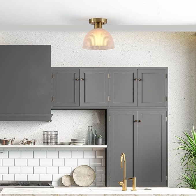 GLOBE Electric 66000129 1-Light Semi-Flush Mount Ceiling Light, Matte Brass, Frosted Ribbed Glass Shade, Home Improvement, Dining Room, Kitchen