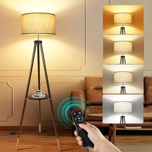 OUTON Wood Tripod Floor Lamp with Shelves, Mid Century Floor Lamp with Remote Control, 4 Color Temperature, LED Modern Dimmable Standing Lamp for Living Room, Bedroom, Office, Black & Gold