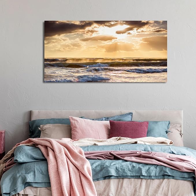 Sunset Ocean Canvas Wall Art - Ocean Waves Wall Decor Glow Sea Scene Picture Painting Nature Landscape Prints Sunset Over the Ocean Painting Artwork Living Room Bedroom Office Home 24" x 48"