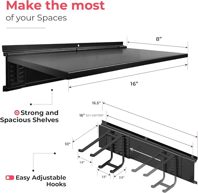 Heavy-Duty Garage Wall Storage System | Wall Mounted Tool Organizer Rack with Shelving | 10-Piece Mounting Kit | Includes 4x10” Double-Layered Hooks & 2x16.5” Floating Utility Shelves