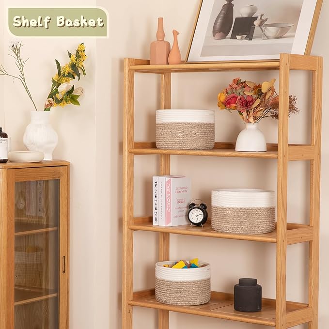 OIAHOMY Small Storage Baskets for Organizing,Closet Cube Shelf Storage, 9.8”×9.8”×7.1”, Woven Cotton Rope Gift Baskets for Nursery,Cute Dog Toy bins, Round 3 Packs, White & Brown