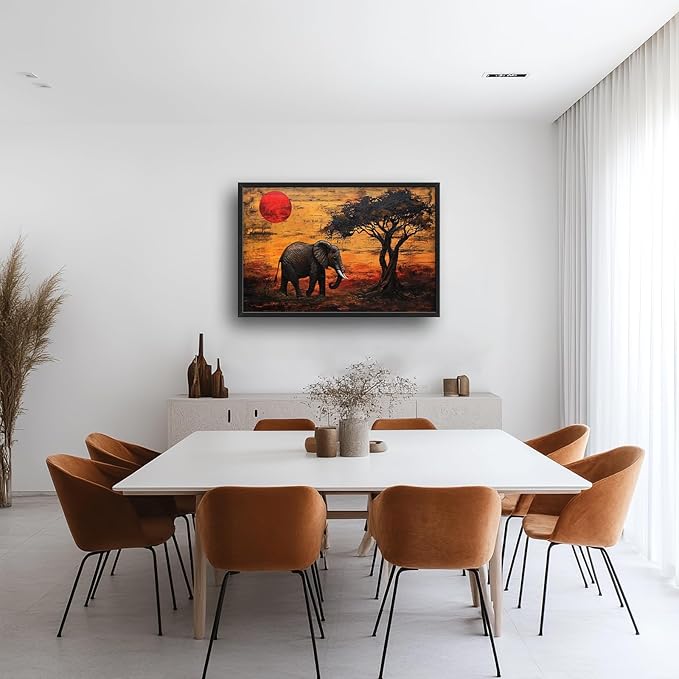 Elephant Framed Wall Art for Living Room, Large African Elephant Canvas Wall Decor, Wild Animal Sunset Picture Painting, Modern Artwork for Bathroom Bedroom 36L'' × 24W''