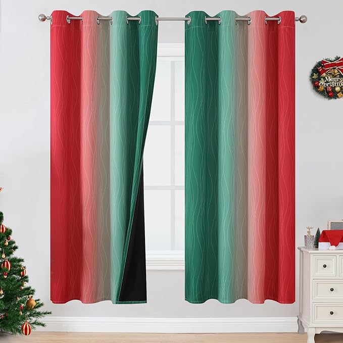 Estelar Textiler Red and Green Blackout Curtains for Living Room, Full Room Darkening Grommet Ombre Christmas Curtains for Bedroom, Thermal Insulated Light Blocking Gradient Drapes, 52Wx72L, 2 Panels