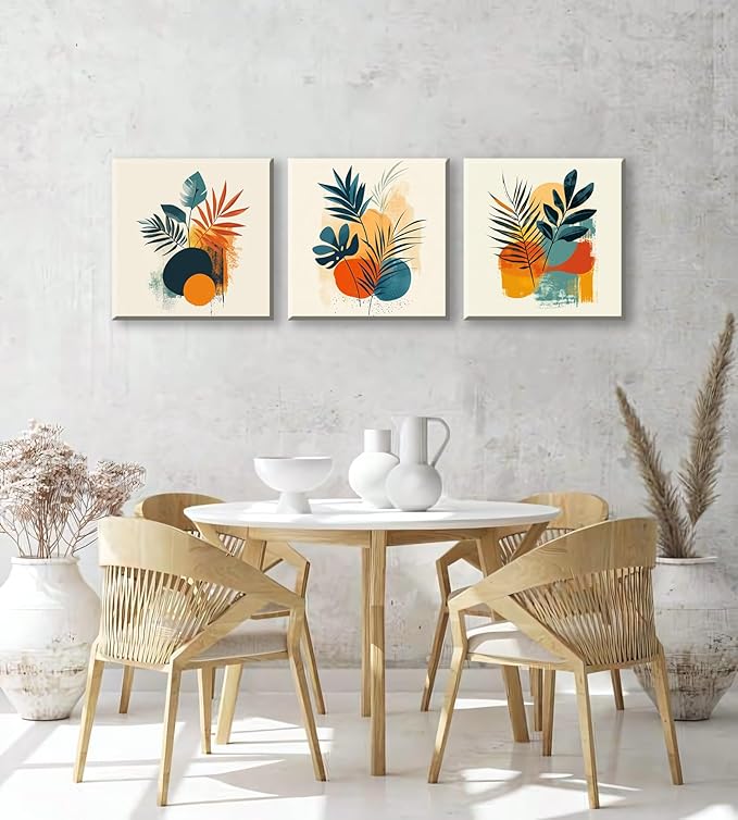 NAN Wind 3Pcs Modern Abstract Botanical Canvas Wall Art Colorful Leaf Prints Contemporary Floral Art for Living Room Minimalist Plant Decor Geometric Canvas Set Ready to Hang for Home Decor