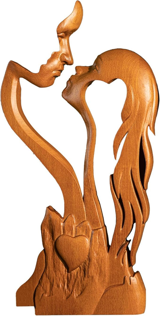 Wooden Kissing Couple Ornament, Abstract Couple Portrait Sculpture Romantic Love Statue Decor Gift for Women Anniversary Valentine Wedding - 10 Inch