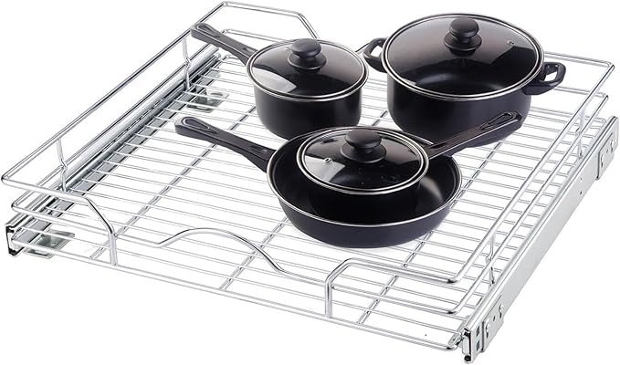 OCG Pull Out Cabinet Organizer (14.75" W x 17" D), Pull out Drawers, Cabinet Pull Out Shelves for Base Cabinet Organization in Kitchen Bathroom Pantry, Bottom Mount, Chrome Finish