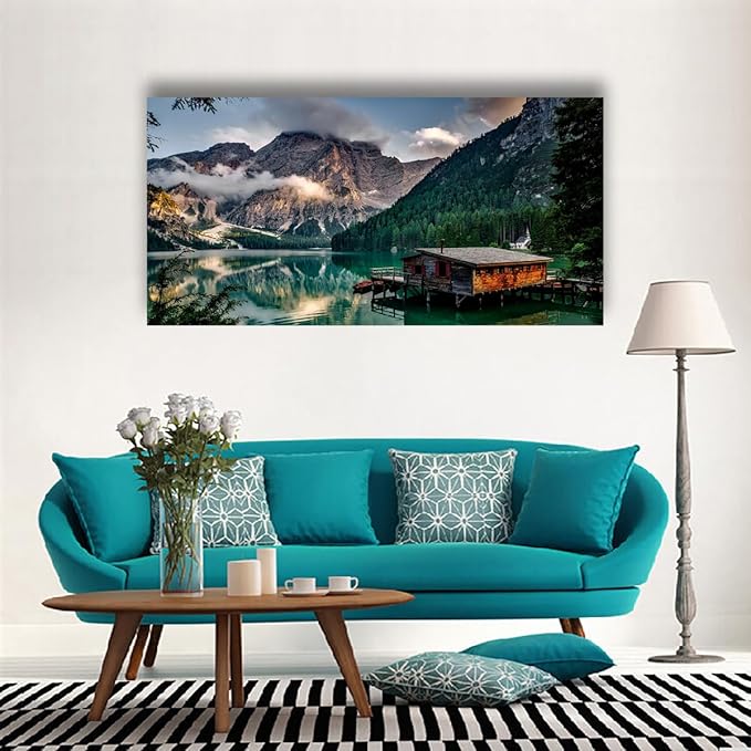 Green Lake Mountain Pictures Canvas Wall Art for Living room Bedroom Wall Decor, Mountain Wall Art Print Paitnings for home Decor,Morden Artwork House in the lake Landscape Canvas Art