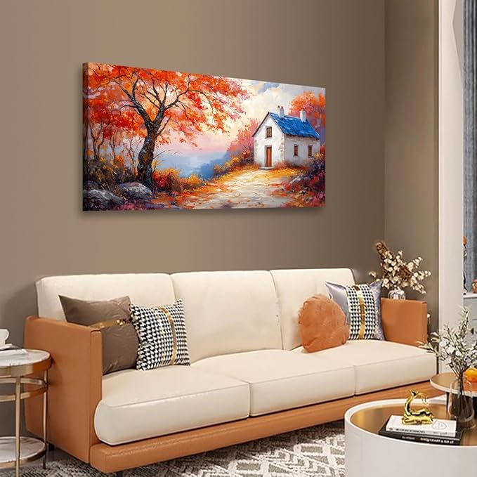 Autumn Scenery Canvas Wall Art Bedroom Wall Decor Living Room,Abstract Wall Art Office Paintings Artwork Modern Abstract Village House Red Tree Pictures Art Prints Ready to Hang-20x40inch