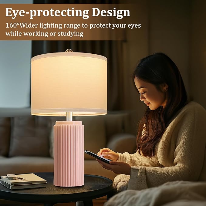 23.5’’ Modern Pink Table Lamps Set of 2 for Living Room, Ceramic Bedside Lamps with White Linen Shade for Girls Room, Rustic Nightstand Lamps for Bedroom Home Office, Cute Lamps for End Table Dorm