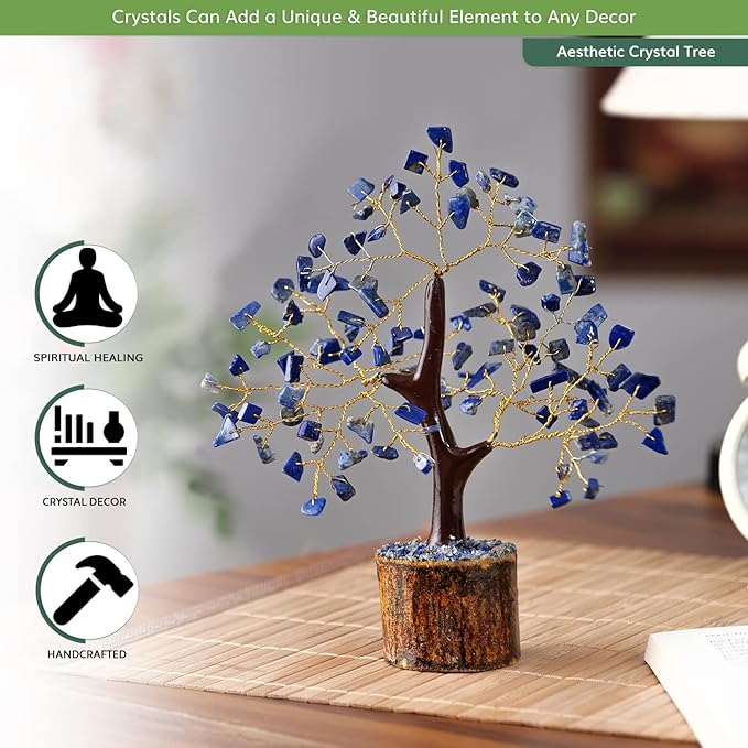 NARIBABU Lapis Lazuli Crystal Tree (7–8 Inch, 100 Chips) – Handmade Gemstone Tree with Raw Stones & Golden Wire – Birthday Gifts for Women, Gift for Her, Spiritual Decor, Office Desk