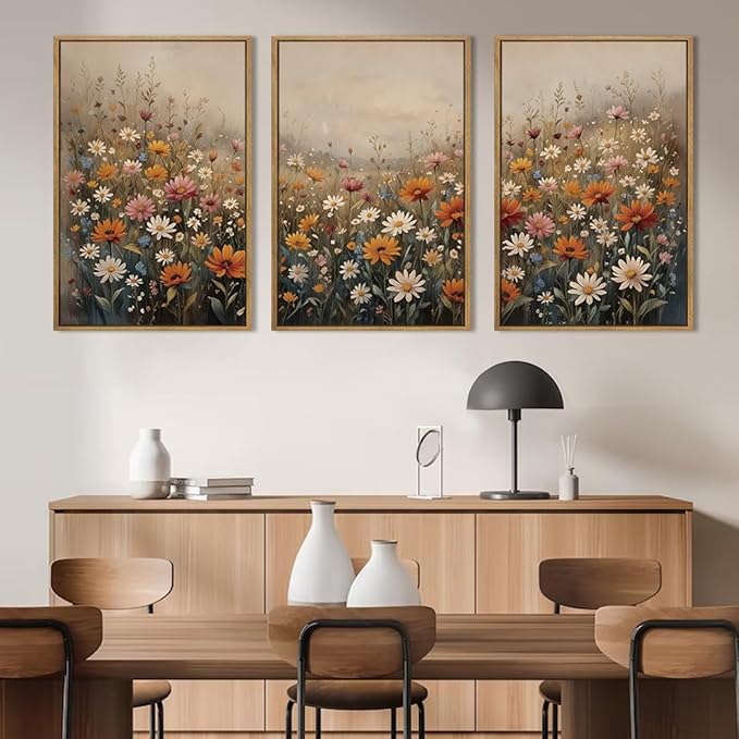IARTTOP Large Vintage Wildflower Canvas Wall Art Framed 24x36x3 Misty Moody Botanical Art Prints Calming Nature Floral Landscape Wall Decor for Living Room Bedroom Office