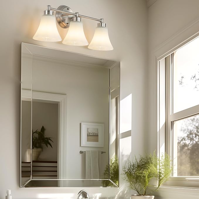 LOUSACE 3 Light Bathroom Vanity Light Vintage Brushed Nickel Bathroom Lighting Fixtures Over Mirror, Traditional Wall Sconce Lighting with Opal Glass Shade, Nickel Vanity Lighting Fixture