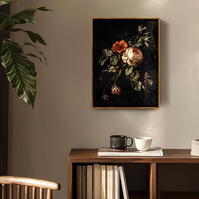 crmotu Vintage Framed Wall Art, Botanical Floral Canvas Art Prints, Still Life Rose Rustic Farmhouse Decor, Antique Flower Black Wall Pictures for Living Room Bedroom Bathroom Office Artwork 12x16in