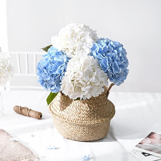 Artflower 4Pcs Real Touch Hydrangea Artificial Flowers, 22.5'' White & Blue Faux Full Latex Hydrangea Flowers for Home Floral Arrangements Wedding Bouquets Kitchen Table Centerpiece Decorations