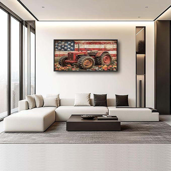 Framed Large Wall Art for Living Room, Farmhouse Tractors Canvas Wall Decor, Large Rustic Country Wildflowers Pictures Framed Painting, Natural Landscape Artwork for Bedroom Office Home Decor 60L'' × 30W''