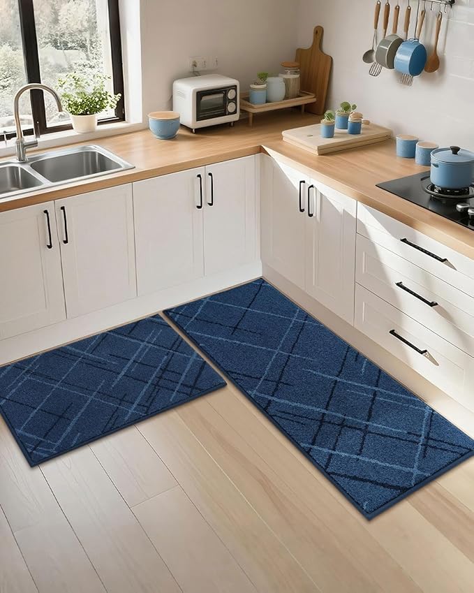 COSY HOMEER Kitchen Mats, 2 PCS Kitchen Rug Non Slip Washable, Absorbent Runner Rugs for Kitchen Floor, Polyester Kitchen Sink Rug 24"x36" + 24"x60"(Blue)