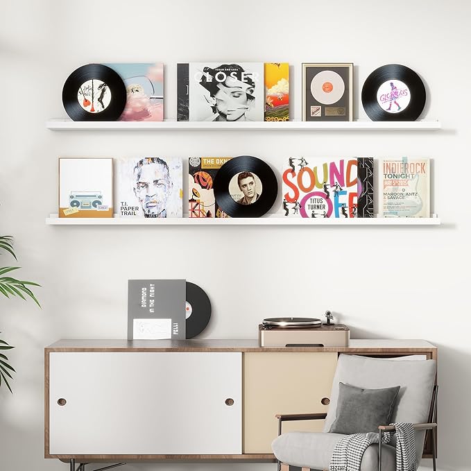 Picture Ledge Shelf, Floating Shelves Set of 2, Solid Pine Wood 72'' Long Large Nursery Book Shelves for Toys Storage, Kids Bookshelf for Living Room Bedroom Decor Books Photo Frames, White