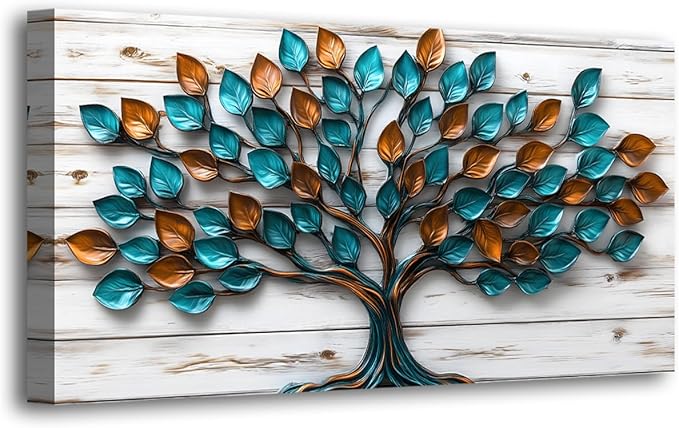 Tree of Life Teal Gold Tree Leaves Pictures Canvas Wall Art for Living Room Office Bedroom Abstract Wall DecorArt Print Paintings Modern Metal Tree Wood Plank Artwork Waterproof to Hang-20x40inch
