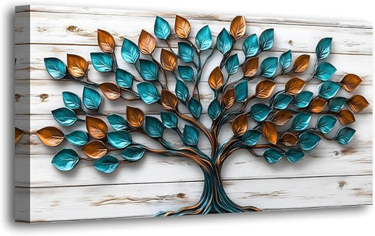 Tree of Life Teal Gold Tree Leaves Pictures Canvas Wall Art for Living Room Office Bedroom Abstract Wall DecorArt Print Paintings Modern Metal Tree Wood Plank Artwork Waterproof to Hang-20x40inch