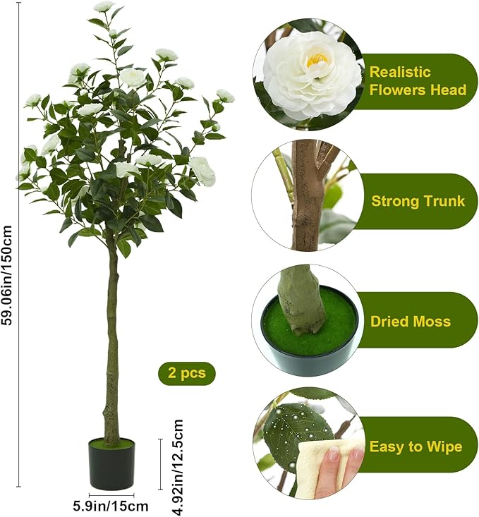 5ft Artificial Camellia Tree with White Silk Flowers - Realistic Faux Flowering Plant for Indoor/Outdoor Decor, Home Staging & Wedding Centerpieces-1pack