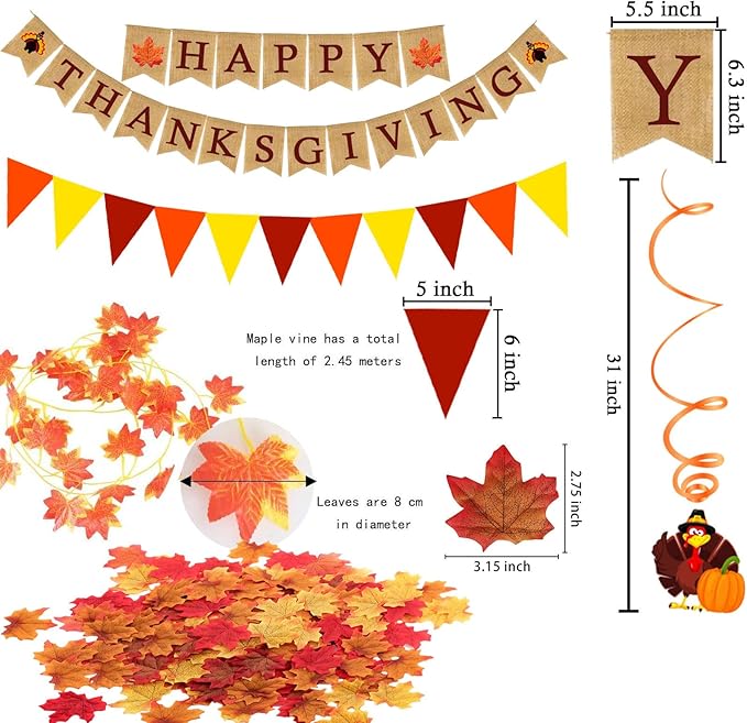 Happy Thanksgiving Burlap Banner Paper Triangular Bunting Maple Leaf Pumpkin Turkey Garland for Thanksgiving Day Welcome Autumn harvest Party Decorations